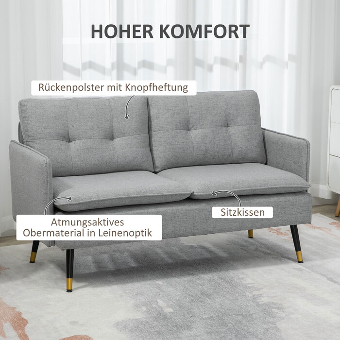 Диван HOMCOM на двох місцях, крісло-диван з подушками в стилі льону, двомісний диван для вітальні та спальні, сірий, 139 x 68 x 76 см