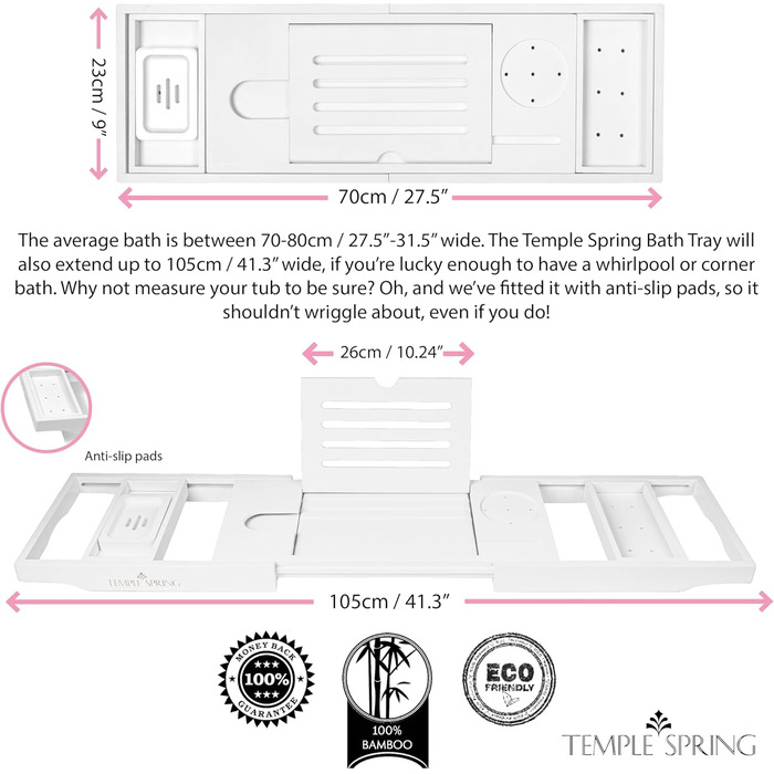 Підставка для ванни Temple Spring з дерева, дерев'яна підставка для ванни, дерев'яне підношення для ванни, аксесуари для ванної кімнати, спа-стіл для ванни (білий)