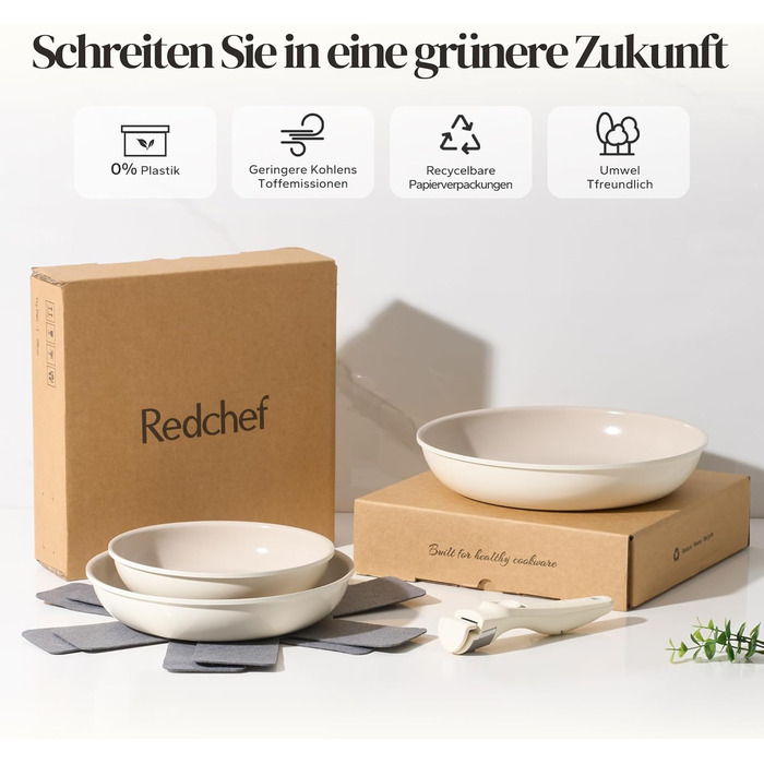Набір сковорідок Redchef з знімним ручками, 6 предметів (20, 24, 28 см), індукційне покриття, кераміка, антипригарне покриття, без PTFE, PFOA та PFAS, бежевий
