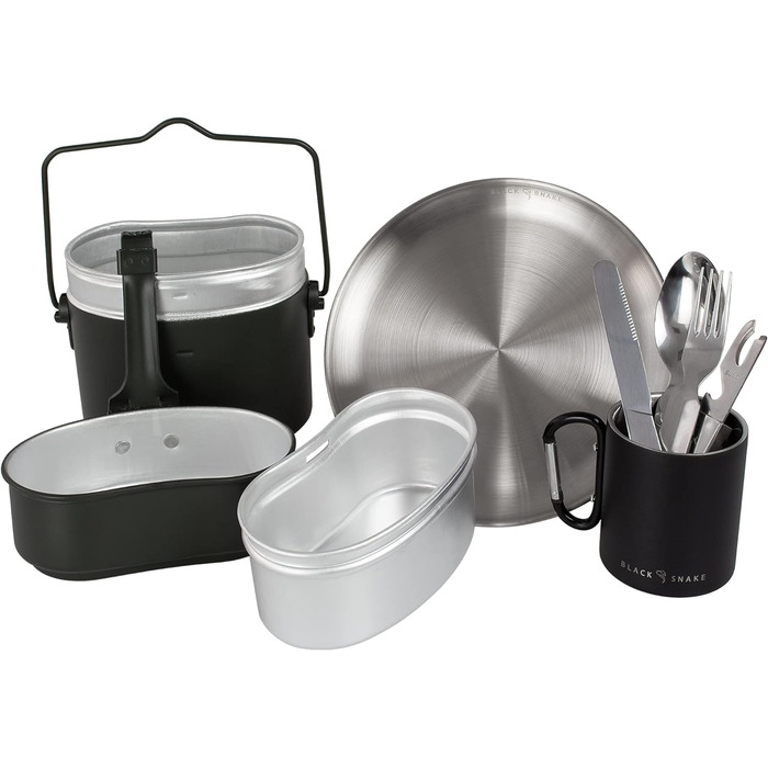 Посуд Чорна змія з плоскими кемпінговими тарілками з нержавіючої сталі та столовими приборами, а також набір чашок з гачком для омарів 1 особа