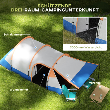 Outsunny Camping Tent, тунельний намет для 3 осіб, з легким гачком, тент, 2 кімнати, вітрозахисний сімейний намет із сумкою для перенесення, водовідштовхувальний висувний намет 2000 мм для кемпінгу, саду, помаранчевого