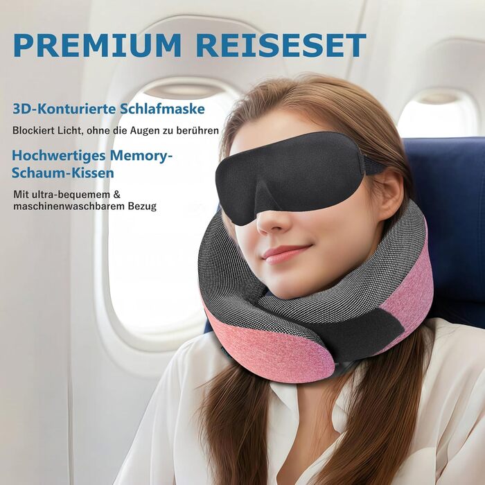 Подушка для шиї Proglobe, 100% Memory Foam, ортопедична, для подорожей (літак, авто, поїзд), з маскою для сну, сітчаста сумка (рожева)