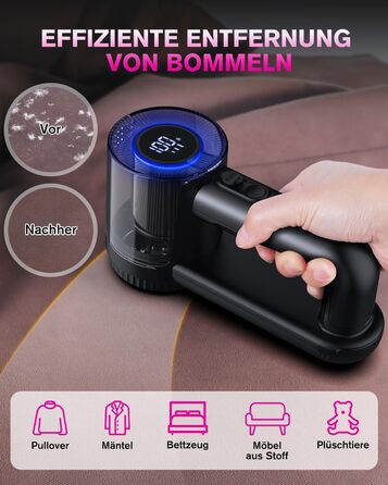 Електричний видальник ворсу Homtronics з USB-зарядкою, LED-дисплеєм та 6-ма лезами для одягу, диванів та килимів, чорний