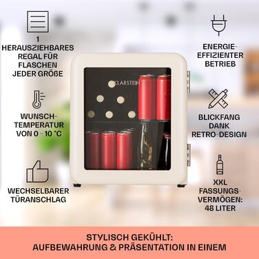Klarstein Mini Холодильник з скляними дверцятами, 48L, для кімнати та офісу, з висувною полицею, тихий, 0-10°C, 48 літрів, Клас енергоефективності E, кремовий