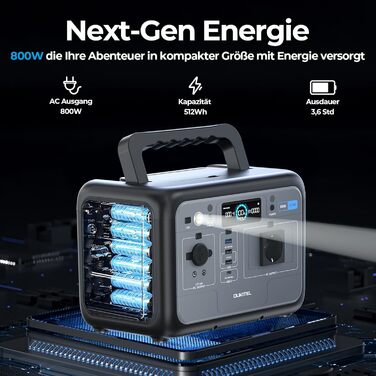 Портативна електростанція OUKITEL 800W з сонярним генератором та акумулятором LiFePO4 512Wh, 1600W пікова потужність, USB A/C виходи, швидка зарядка, 6 кг для кемпінгу, подорожей та активного відпочинку (P800+100W)