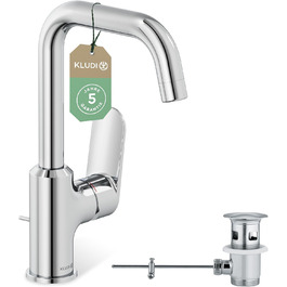 Змішувач для умивальника KLUDI-X1 з витяжною системою, поворотний на 360°, висота виливу 205 мм, водозберігаючий, розмір L, з підключенням, хром, з комплектом для зливу, хром