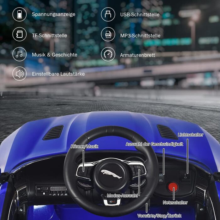 Електромобіль для дітей COSTWAY Jaguar, 12V, з музикою, історіями, сигналом та фарами, з дистанційним керуванням, швидкість 3-5 км/год, для дітей від 3 років, синій