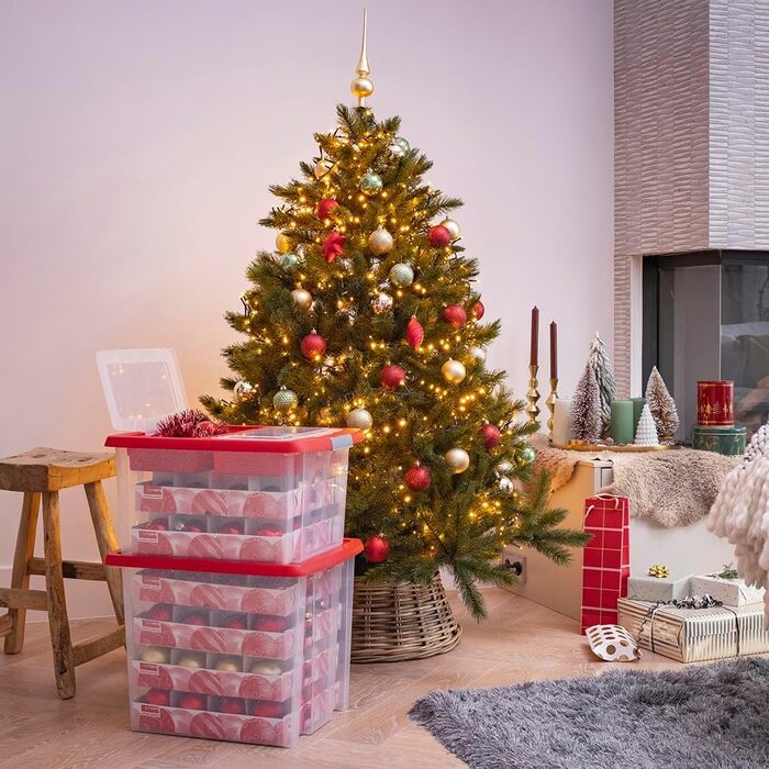 Ялинкова коробка SUNWARE Nesta 32 л з лотками для 32 іграшок (Ø70-80 мм) - прозора/червона