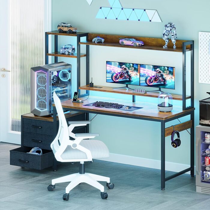 Ігровий стіл Coleshome з полицями та ящиками, 137x48 см. Стіл для геймінгу з LED-підсвічуванням та розеткою, комп'ютерний стіл з місцями для зберігання та підставкою для монітора (Коричневий)