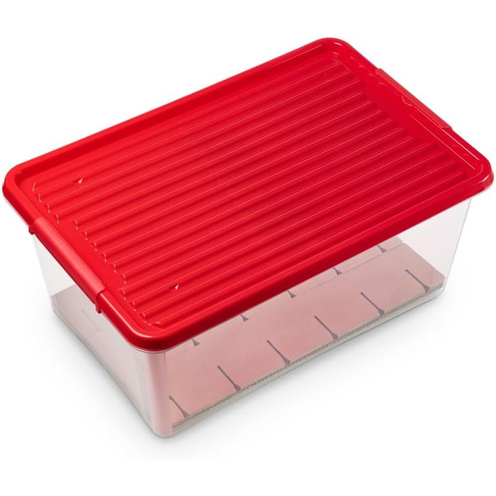 Коробка для прикрас Kreher X-Mas 40 літрів: ялинкові кулі, новорічний декор, з роздільниками (30 кульок). Прозора з червоним кришкою.