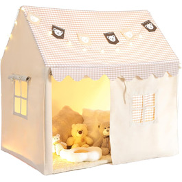 Дитячий намет Mamizо з килимком, прапорцями та світлом, зручний та дихаючий. Ігровий будиночок для дітей, намет для хлопчиків та дівчаток, 125x90x123 см, бежевий колір.