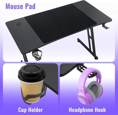 Ігровий стіл Kidsgigglz з LED-підсвічуванням, 120 x 60 см: ергономічний стіл для дому, офісу, кутовий комп'ютерний стіл з тримачем для напоїв та гачком для навушників (140 x 160 см - Z-подібна рама)