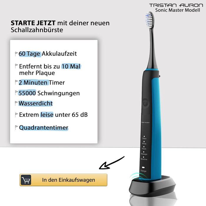 Електрична зубна щітка Tristan Auron SonicMaster (Блакитна) - 6 голів + чохол - 5 режимів, 55000 VPM, таймер 2 хв, 100 днів гарантії