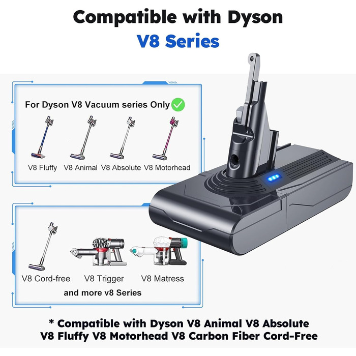 Змінна батарея 6000 мАг для Dyson V8, сумісна з V8 Absolute/Animal/Fluffy Filter