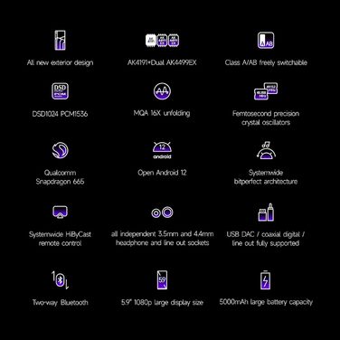 HiBy R6 Pro II музичний плеєр з Bluetooth, WiFi, подвійним ЦАП, клас A підсилювачем, Android 12, MQA 16X, DSD1024, PCM1536K, чорний