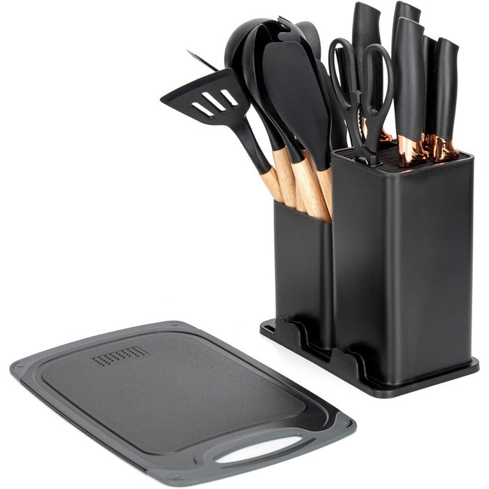Набір кухонних ножів EliteHoff 19 предметів: 5 ножів, 12 аксесуарів, дошка та підставка. Силіконові кухонні аксесуари з дерев'яними ручками, безпечні для харчових продуктів, придатні для миття в посудомийній машині, чорного кольору (E-6069)