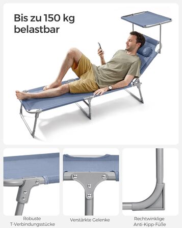 Лежак для відпочинку SONGMICS, розкладний, 193 x 53 x 29 см, до 150 кг, з підголовником, регульована спинка, для саду, басейну, тераси (Блакитний)