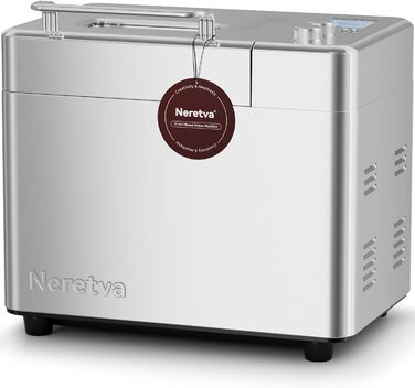 Хлібопічка Neretva з 17 програмами, об'ємом 2.2 кг, з дозатором горіхів та фруктів, керамічним антипригарним покриттям, для безглютенових продуктів, тіста, закваски та йогурту, срібна