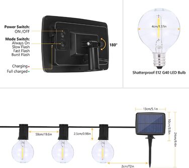 Вулична гірлянда на сонячних батареях, гірлянда з ламп DeepDream G40 з 25 2 лампочками, 4 режими освітлення, Водонепроникна Вулична Світлодіодна гірлянда IP65 для саду, балкона, весільної вечірки, теплий білий (7,6 м)