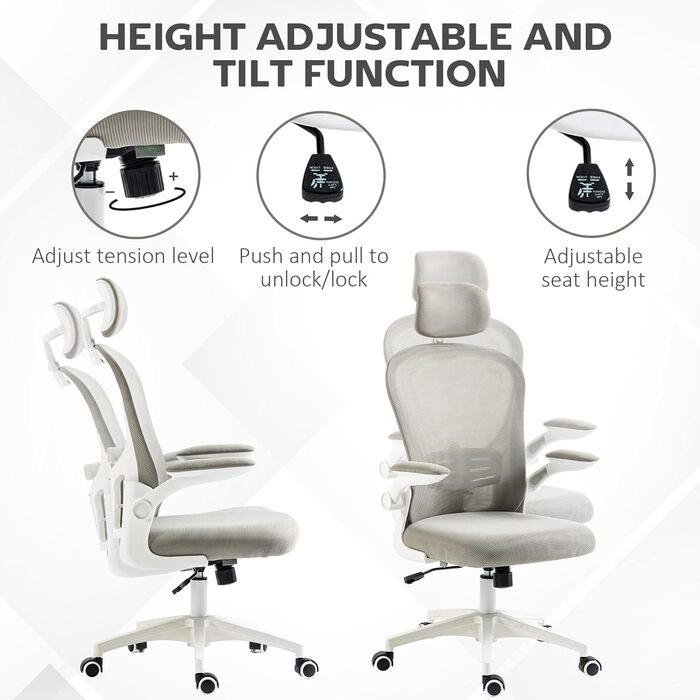 Офісне крісло Vinsetto з високою спинкою, сітчаста тканина, комп'ютерне крісло з обертовою підголівником, 4D поперекова підтримка, відкидні підлокітники, регульована висота, Білий (Сірий)