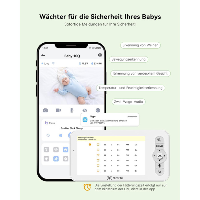 Відеоняня COCOCAM 2K 4MP з камерою та монітором 5 дюймів, Wi-Fi 2.4/5GHz, ШІ-розпізнавання, датчик перекриття обличчя та сну на животі, автотрекінг, ІК нічний зір