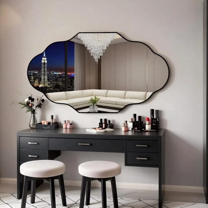 Дзеркало настінне Clevich Asimetrisches 66x116 см з алюмінієвою рамою, скло HD, чорний колір, для ванної кімнати, вітальні, спальні