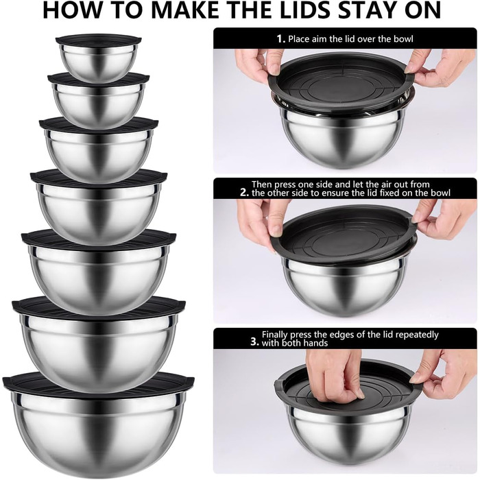 Набір місок для перемішування з кришками, 26 предметів: міски, чаші з нержавіючої сталі для випічки, змішування, подачі та приготування їжі. Об'єми: 5, 3.7, 2.8, 2.3, 1.7, 1.1, 0.7 л + 12 кухонних аксесуарів