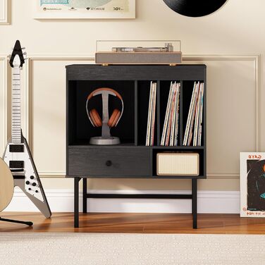 Підставка для програвача COSTWAY з місцем для зберігання вінілу, з відкритими полицями, тримачами для платівок та ящиком, дерев'яний тумбочка для музичної кімнати та вітальні, 70 x 36 x 80 см (білий/чорний)