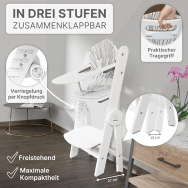 Дитячий стільчик ZWERGHELD® ZS3 Set - преміум якість, з регулюванням, для дітей від 6 місяців, до 90 кг, з підносом, дерев'яний (натуральний колір, білий)