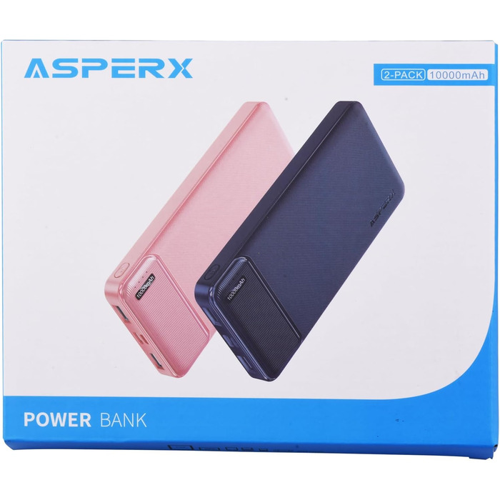 Набір AsperX Power Bank 2 шт. и, 10000 мАг, USB-C, тонкий і міцний, зовнішній акумулятор (рожевий/темно-синій)