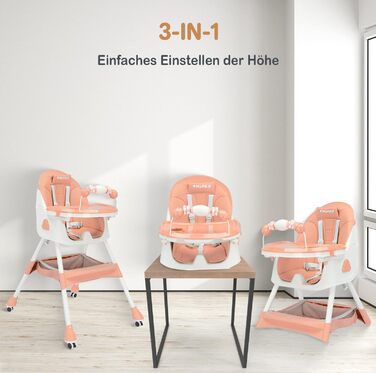 Дитячий стільчик для годування Twinky Hochstuhl Baby ECO з регульованою спинкою, функцією розкладання та столиком - підходить для новонароджених та дітей (Рожевий)