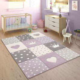 Домашній дитячий килим Paco, Сучасний килим для дитячої кімнати, в клітку, в горошок, у формі серця, зірки, пастельний фіолетово-сірий, Розмір 14