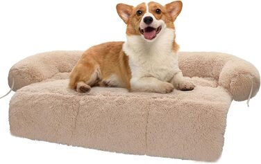 Диван-ліжко для собак, модульне ліжко для великих собак, заспокійливий диван для собак, килимок для захисту меблів (115 см, підходить для тварин вагою до 45 кг, темно-сірий) (M, бежевий)
