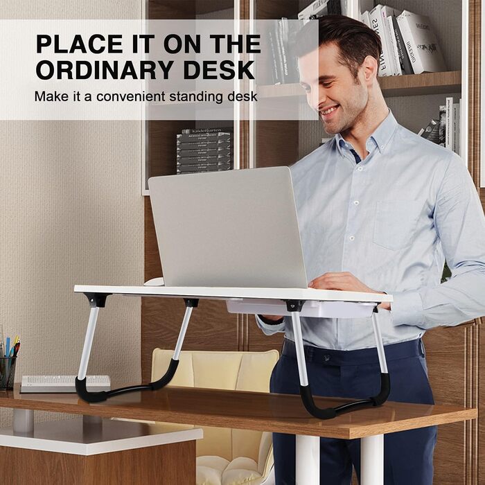 Стіл для ноутбука в ліжко/на диван, складаний, з USB-портами, ящиком та підставкою для планшета (60 x 40 см, білий)