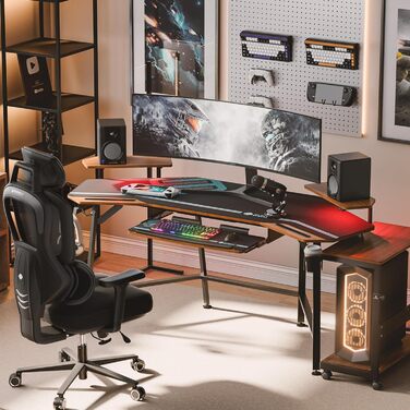 Ігровий стіл EUREKA ERGONOMIC 160x74 см з крилами для геймінгу, PC, Home Office, Live Streaming, 2 слоти для iPad, горіховий колір