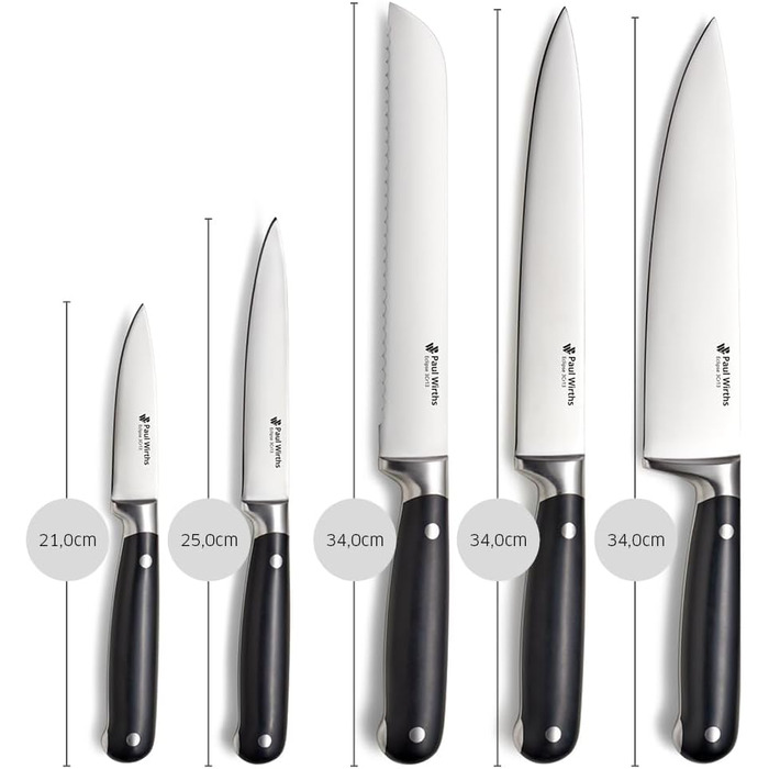 Набір ножів Paul Wirths Eclipse, 5 предметів: ніж для хліба, ніж кухарський, ніж для шинки, ніж універсальний, ніж для очищення | Чорний | Надзвичайно гостре лезо | 37 x 23,5 x 9,5 см