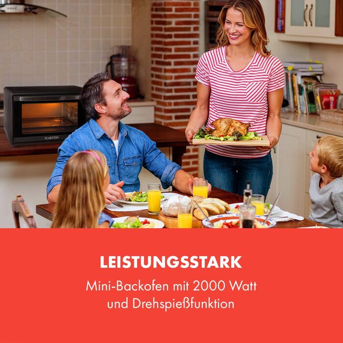 Міні-піч Klarstein Masterchef: 60 л, об'єм 60 літрів, з конвекцією, обертовим шампуром, таймером, подвійним склом, нагрівом зверху та знизу, з нержавіючої сталі, 2000 Вт, чорний колір