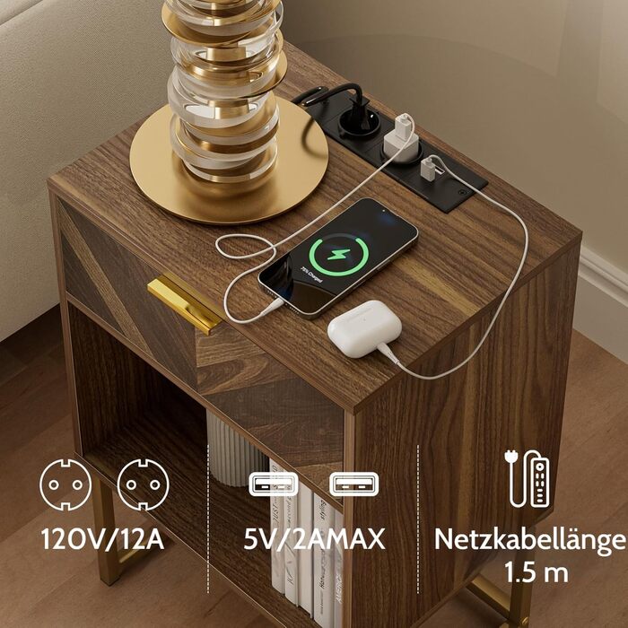 Приліжкові столики з відкритим відсіком, журнальний столик для спальні та вітальні (горіх) (30 x 40 x 60 см з розеткою, горіх)