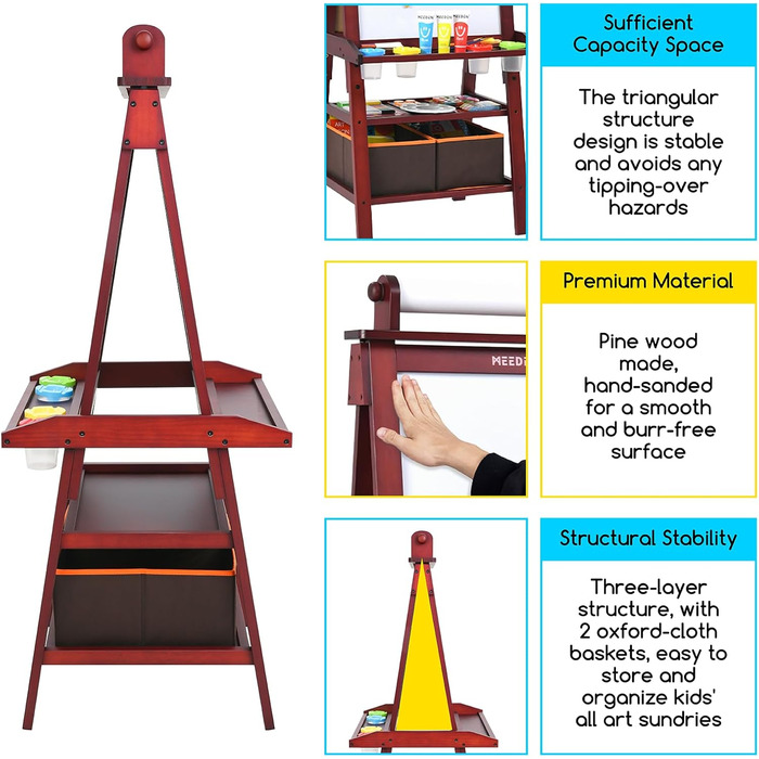 Дитячий мольберт MEEDEN з деревини сосни - двосторонній з рулоном паперу, крейдяною дошкою та дошкою - горіх