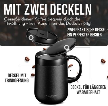 Термокружка з ручкою, подвійні стінки, вакуумна ізоляція, нержавіюча сталь 18/8, з 2 кришками, протиковзке дно, 440 мл, для офісу та робочого місця