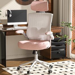 Ергономічне крісло для офісу з регульованою підголівником та поперековою підтримкою – високе офісне крісло з сітчатим спинком та м'яким сидінням, вішалка для одягу та функцією блокування (білий та рожевий)