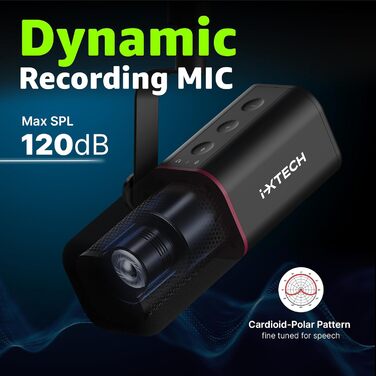 Динамічний мікрофон IXTECH з кардіоїдною діаграмою, RGB підсвічуванням, USB/XLR для студії, подкастів, стрімів, вокалу, озвучування, білий (чорний, M)