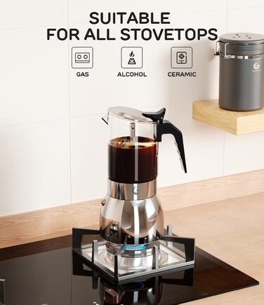 Кавоварка Espresso Gator для плити, мока-каструля з прозорого скла та нержавіючої сталі - кава по-італійськи, 9 чашок (450 мл), нержавіюча сталь