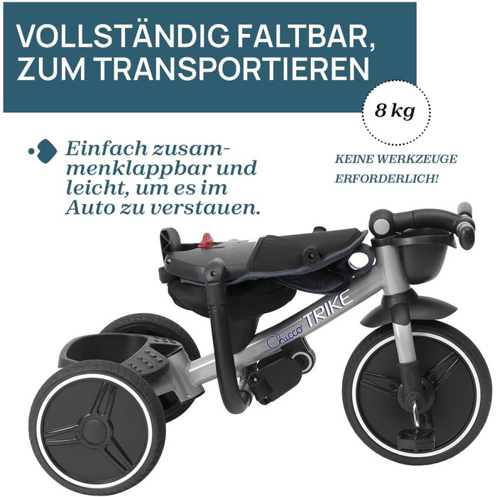 Триколісний велосипед Chicco 4-в-1: від 6 місяців до 4 років, блакитний. Знімний капюшон, EVA колеса, телескопічна ручка, компактне складання, педалі вільного ходу.