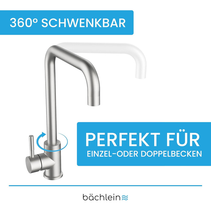 Змішувач для кухні Bchlein Plivo - Змішувач для раковини з одним важелем, поворотний на 360, міцна нержавіюча сталь