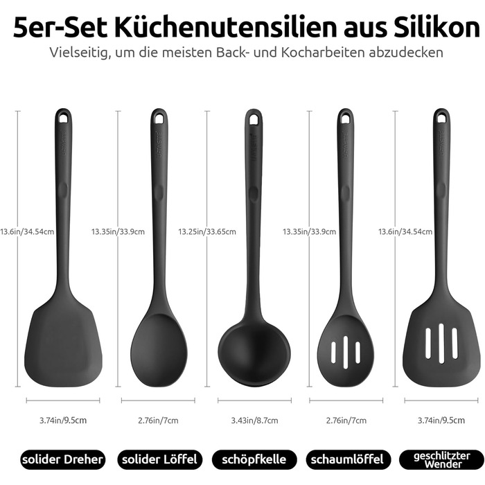 Набір кухонних аксесуарів U-Taste з силікону (5 шт.), стійкий до 315°C, BPA-free, антипригарний, для приготування, перемішування та подачі їжі (чорний)