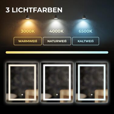 Дзеркало для ванної кімнати BR Bringer LED з підсвічуванням, 60x80 см, антизапарник, диммування, 3 кольори світла, сенсорне управління, функція пам'яті (BRS102)