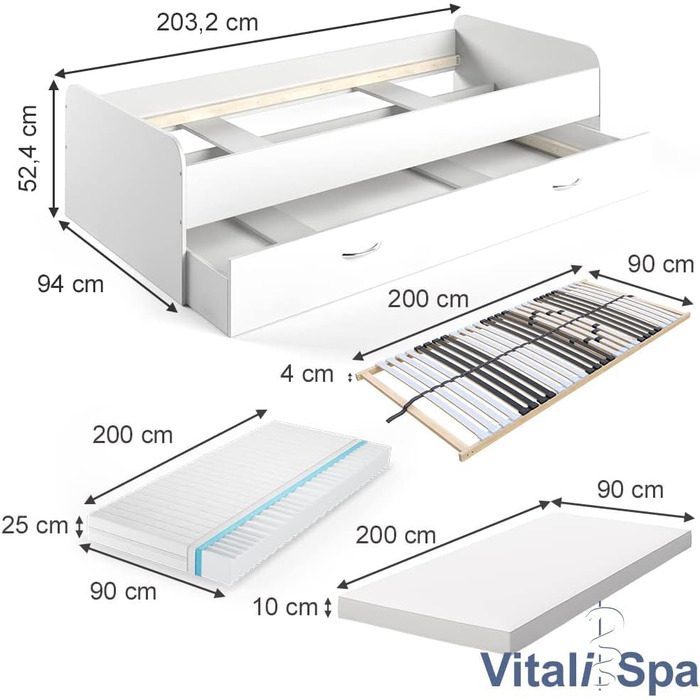 Ліжечко VitaliSpa Enzo, 203,2 x 94 см (Білий, 90x200 2 шт. матрац 2 шт. рейкова основа)