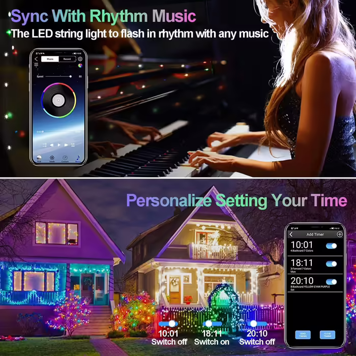 Гірлянда CLYCTIP 20 м 200 LED, IP65, водонепроникна, різнокольорова, з таймером, дистанційним керуванням, музичним синхронізатором, керуванням через додаток, 210 режимів, USB, для саду, весілля, Хелловіну, Різдва, балкону та вечірок