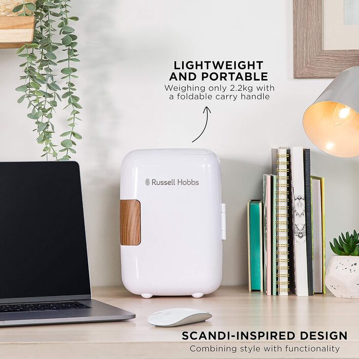 Міні-холодильник Russell Hobbs RH4CLR1001SCW 4L: портативний, AC/DC, для напоїв та косметики, скандинавський стиль, білий з ефектом дерева